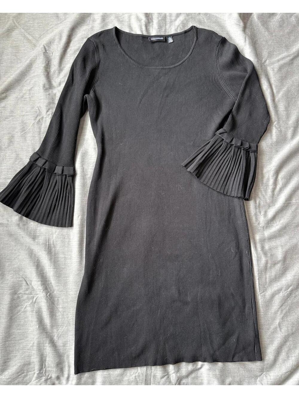 Nina Leonard Sweater Dress Womens L Black Ribbed Knit Bell Sleeve Boho Classic